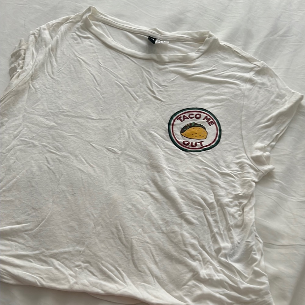 H&M White Graphic Cropper with Taco Print